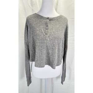 Hollister Gray Ribbed Henley Long Sleeve Crop Sweater Womens‎ S Cozy Y2K